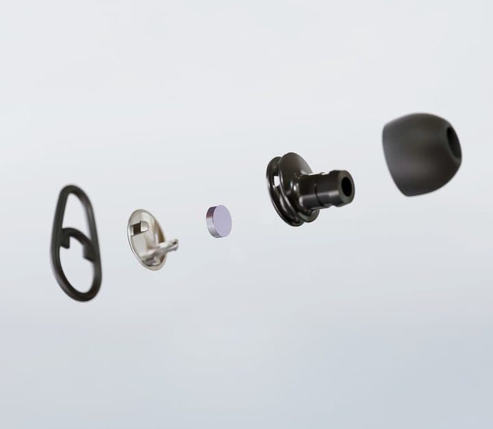 Exploded view of a Hears earplug showing the loop, filter housing, membrane disc, body and ear tip