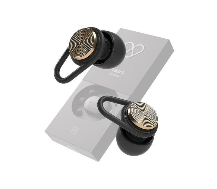 Pair of black Hears earplugs with gold filter faces in front of their white retail box