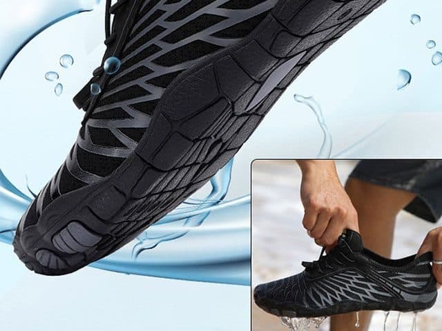 HikeGrip Pro sole splashing through water, with an inset of a hand lifting a dripping shoe at the water's edge