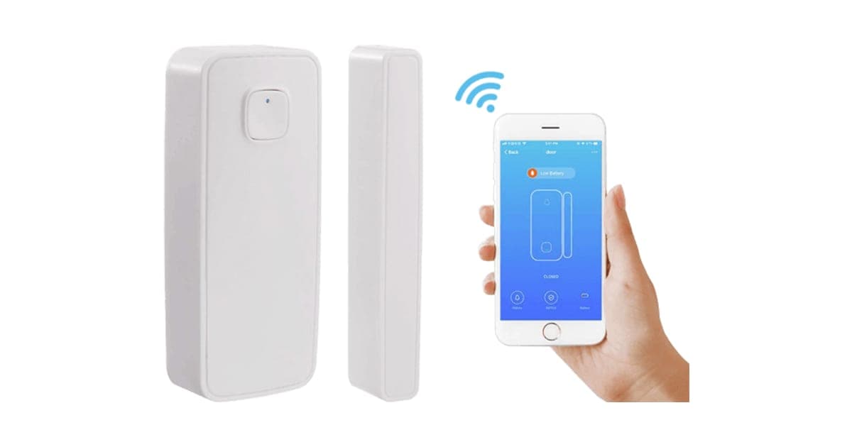 White HomePolice24 two-part door sensor next to a hand holding a phone showing an app alert