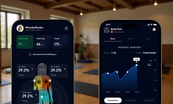 Two phone screens from the Hume Health app showing body fat, muscle, weight trend and a body outline