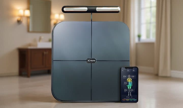 Hume Body Pod standing upright in a bathroom next to a phone showing a body composition result