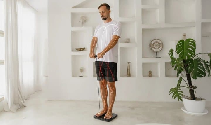 Man standing barefoot on the Hume Body Pod holding the handle bar with both arms by his sides