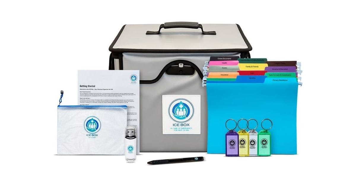 ICE Box grey document case with colourful labelled hanging folders, zip pouch, key tags, USB stick and guide