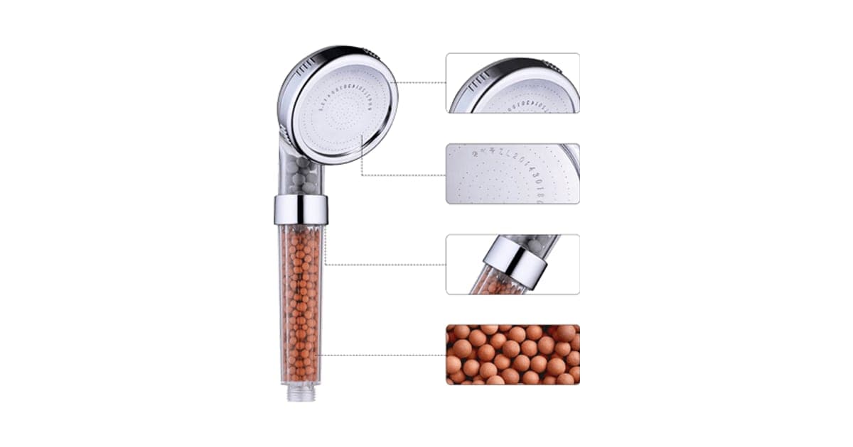 IOnic Spa handheld shower head with a clear handle filled with orange mineral beads, with close-ups of the spray face and beads