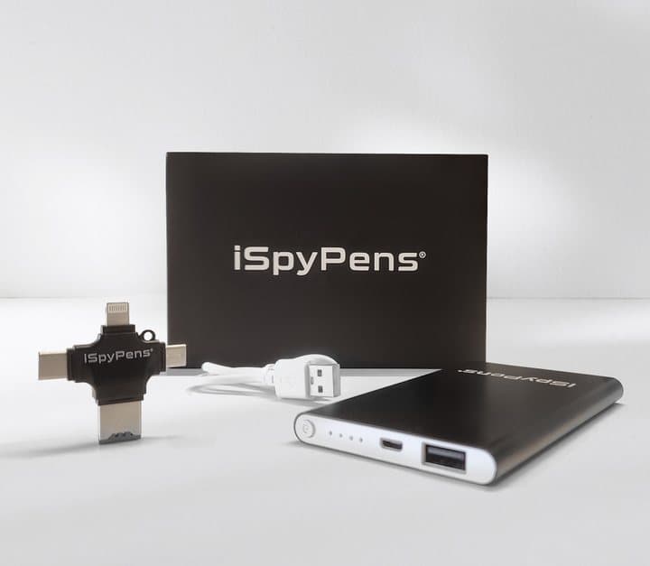 iSpyPens multi-connector playback adapter and a slim portable battery pack in front of the box