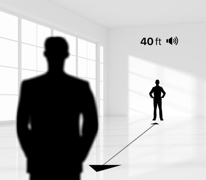 iSpyPen graphic of two silhouettes 40 feet apart illustrating the claimed audio recording range