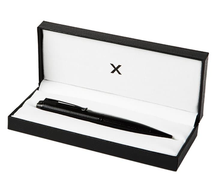 Black iSpyPen Pro X pen lying in an open black presentation box with a white lining