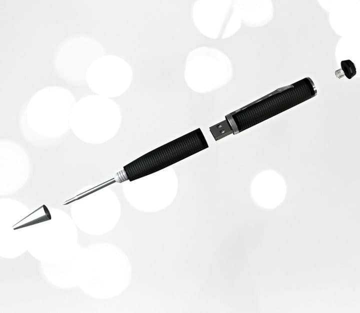 iSpyPen Pro X pulled apart to show the ballpoint refill at one end and a USB connector in the middle