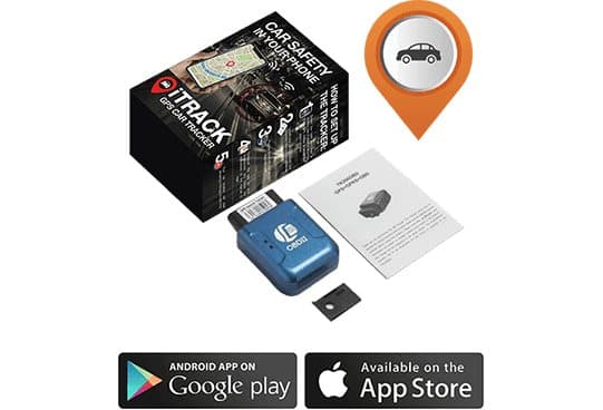iTrack box, blue OBD-II tracker, small card and leaflet with a map pin icon and app store badges