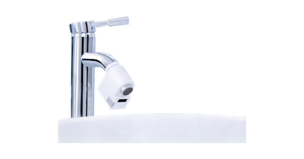 iWater Deluxe white sensor unit fitted to the end of a chrome bathroom tap above a white basin