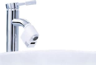 Chrome lever bathroom tap with the white iWater Deluxe sensor unit screwed onto its spout above a white sink