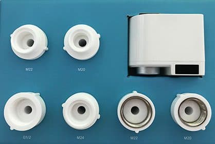 Six white and metal tap thread adapters labelled M22, M20, G1/2, M24, M22 and M20 next to an iWater Deluxe sensor unit on a blue background