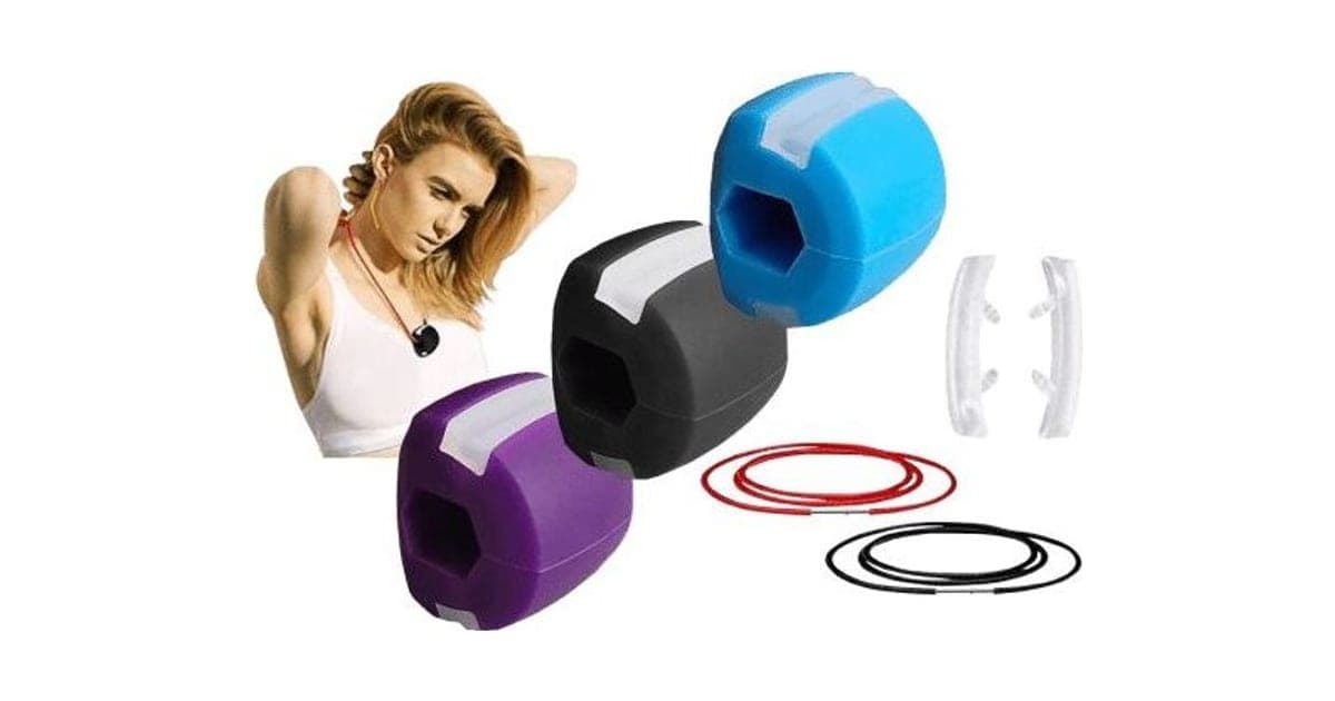 Purple, black and blue JawMaster silicone jaw exercisers with clear tooth pads, red and black neck cords, and a woman wearing one on a cord