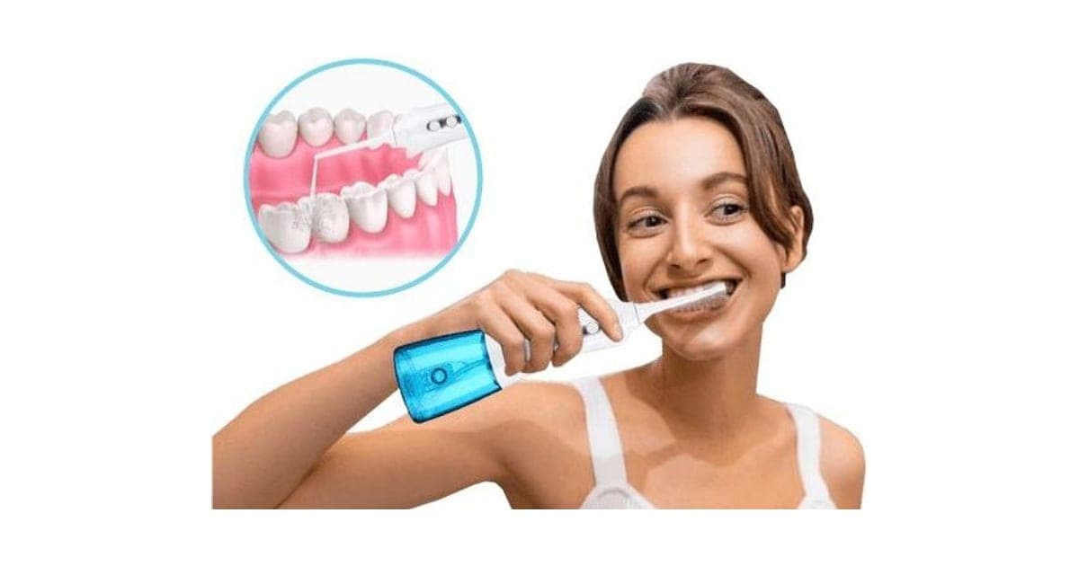 Smiling woman using a white and blue JetFloss Pro water flosser, with an inset showing a water jet cleaning between teeth
