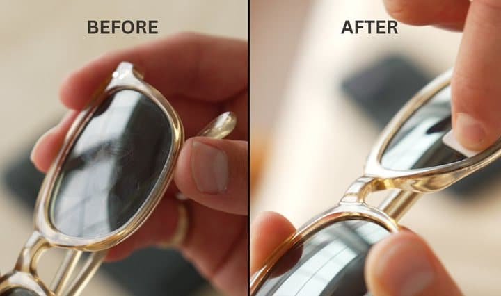 Before and after photos of smudged sunglasses lenses cleaned with a Jiffys pad