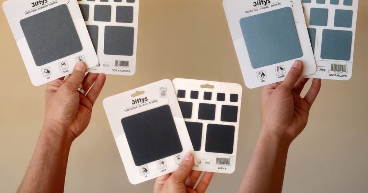 Hands holding several Jiffys cleaning pad sets in different colours against a warm background