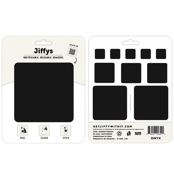 Jiffys Onyx set on its card showing one large, two medium, three small and five extra-small black pads