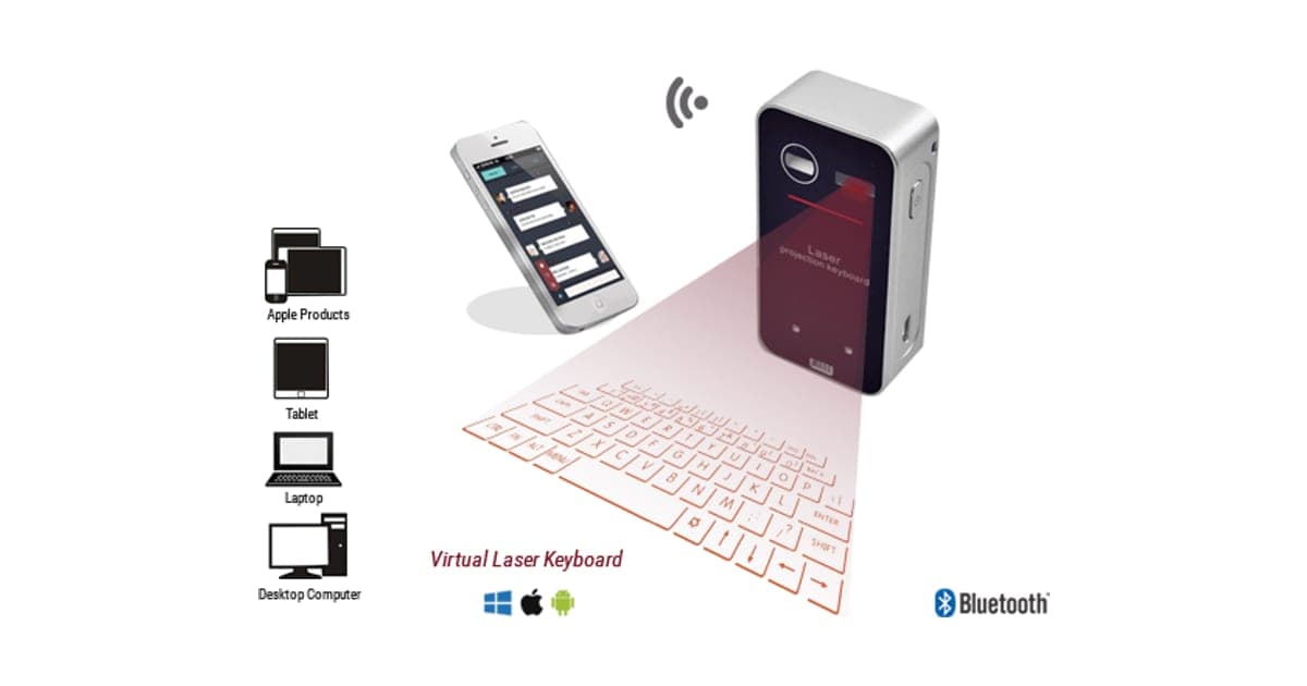 Keyless PRO silver laser keyboard unit projecting a red keyboard outline onto a table, beside a smartphone