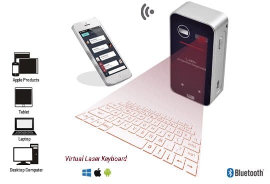 Keyless PRO silver and black unit projecting a red full keyboard layout, with icons for Apple products, tablets, laptops and desktops and the Windows, Apple and Android logos