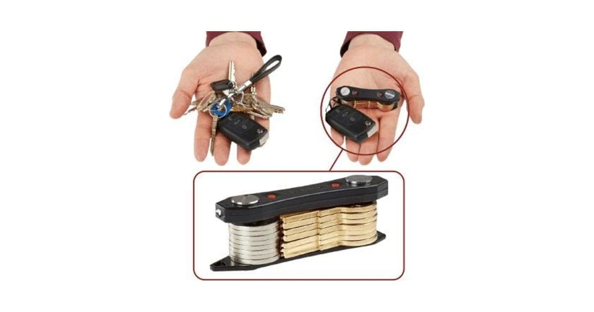 Hand holding a messy bunch of keys next to a hand holding the same keys folded neatly into a black KeyMaster organizer with a car key fob