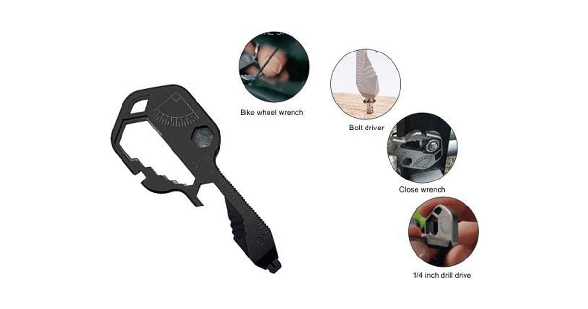 Black KeyX24 key-shaped multitool with wrench notches, a hex hole and a ruler, beside circles showing it used as a bike wrench, bolt driver and drill bit holder