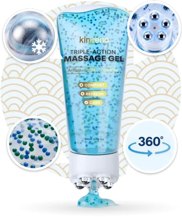 Kinzeno V2 gel tube labelled Triple-Action Massage Gel with Arnica, MSM and Boswellia, 100ml, beside close-ups of the five-ball roller head