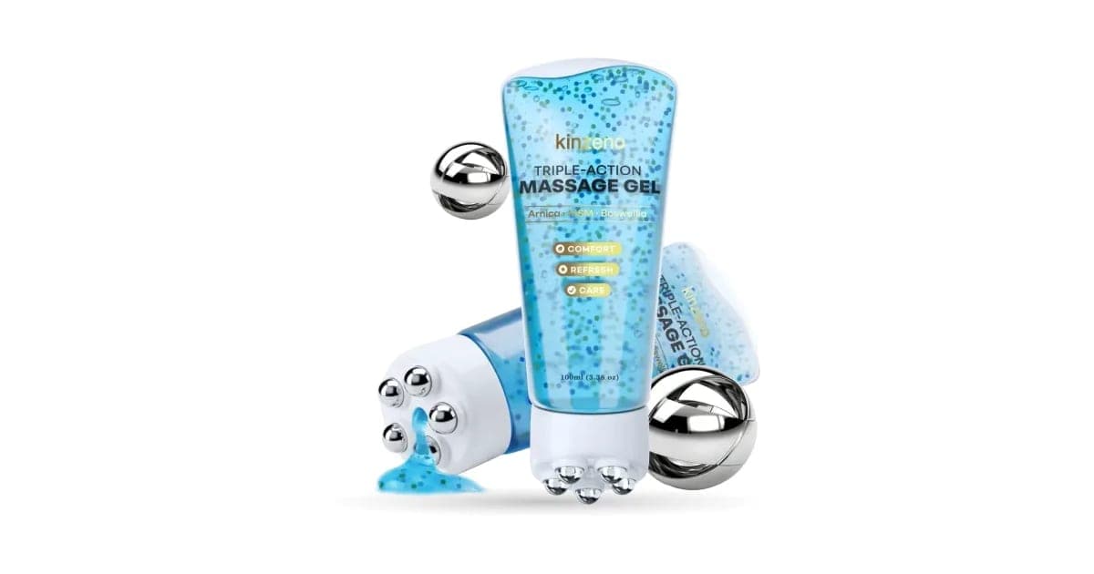 Kinzeno V2 Triple-Action Massage Gel tube showing the 100 ml size and its five-ball chrome roller cap