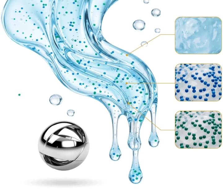 Illustration of blue Kinzeno gel with suspended blue and green microbeads pouring next to a chrome roller ball