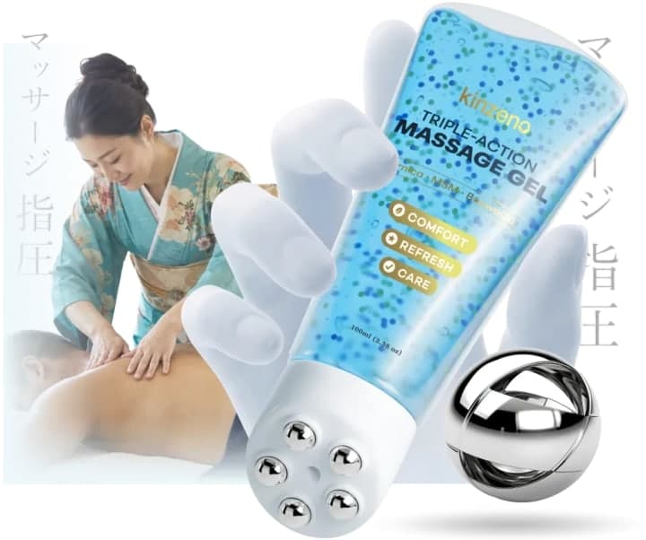 Kinzeno V2 tube and roller head over a faded photo of a shiatsu massage being given