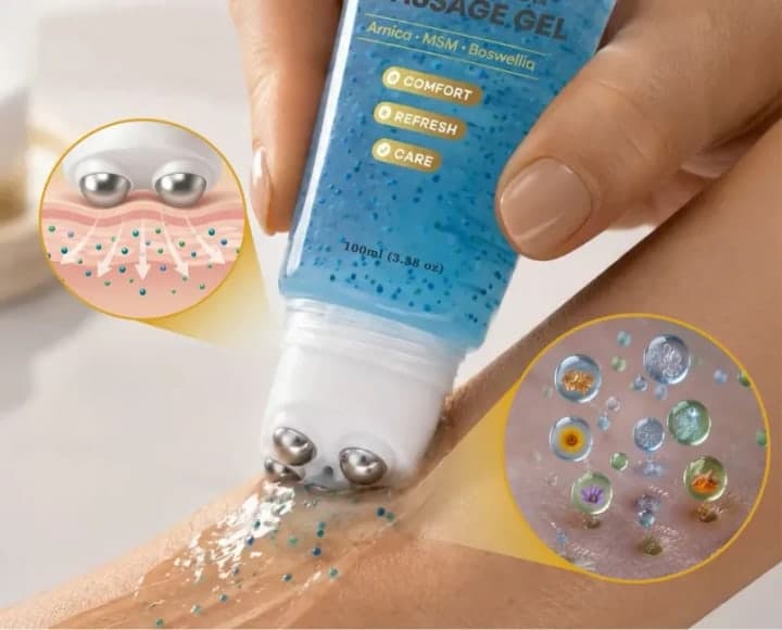 Hand rolling the Kinzeno V2 applicator along a forearm, with inset diagrams of the balls pressing the skin