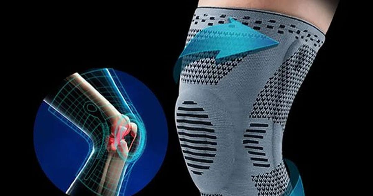 Grey and black knitted KneeBoost Pro sleeve on a knee with blue arrows, beside an inset X-ray style graphic of a knee joint with a red sore spot