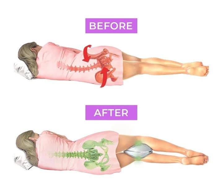 knēNest before and after illustration showing a side sleeper's spine twisted and then aligned with the pillow