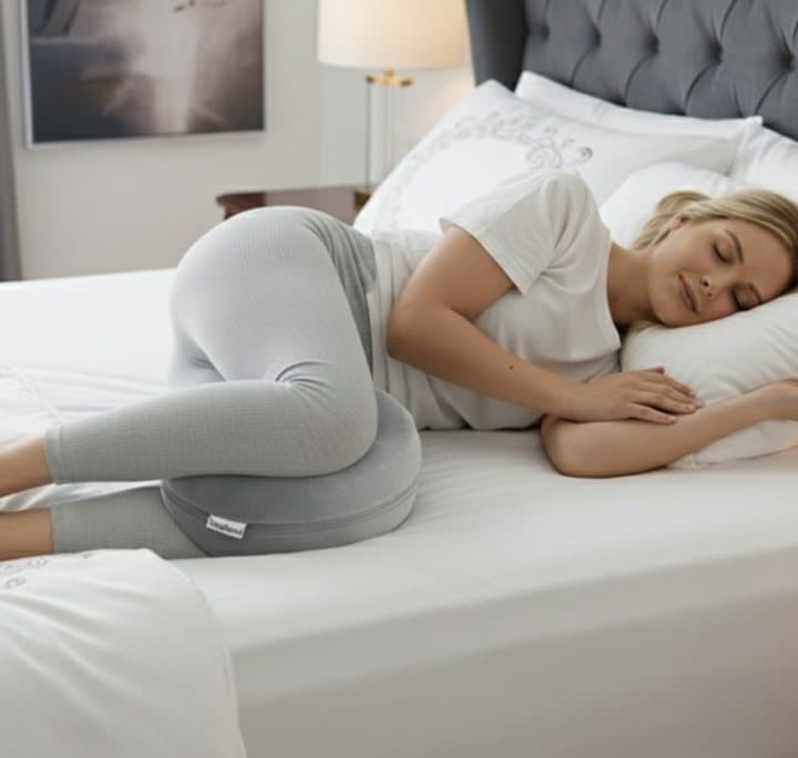 Woman sleeping on her side in bed with the grey knēNest pillow between her knees
