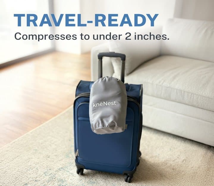 Compressed knēNest pillow in a grey travel bag hanging from a blue suitcase handle