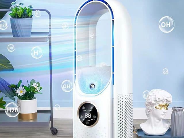 LeaflessCool Air with a blue-lit loop beside plants and a bust, surrounded by bubbles labelled OH, H and H20