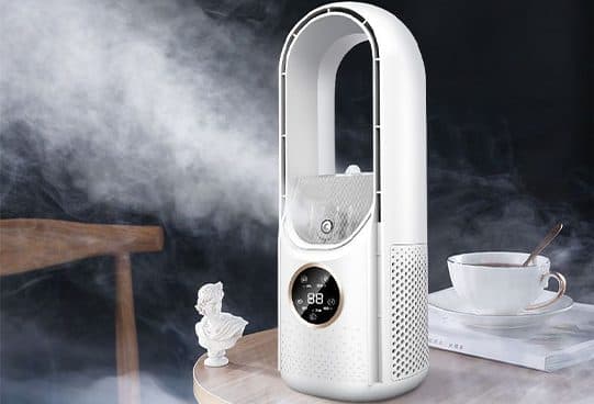 White LeaflessCool Air on a round table with mist clouds around it, a small white bust and a teacup on a saucer nearby