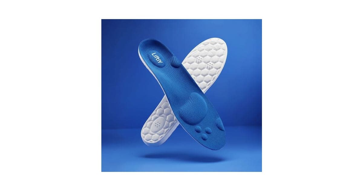 Pair of blue and white Liftly insoles crossed over each other showing the arch and textured underside