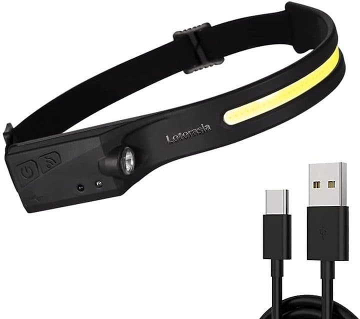 Black headlamp marked Lotorasia with a yellow LED strip, a spotlight and buttons, beside a USB-C charging cable