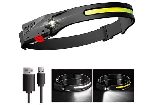 LightX Pro headband with a curved LED strip, a front spotlight, power and sensor buttons, a red sensor icon and a micro-USB cable