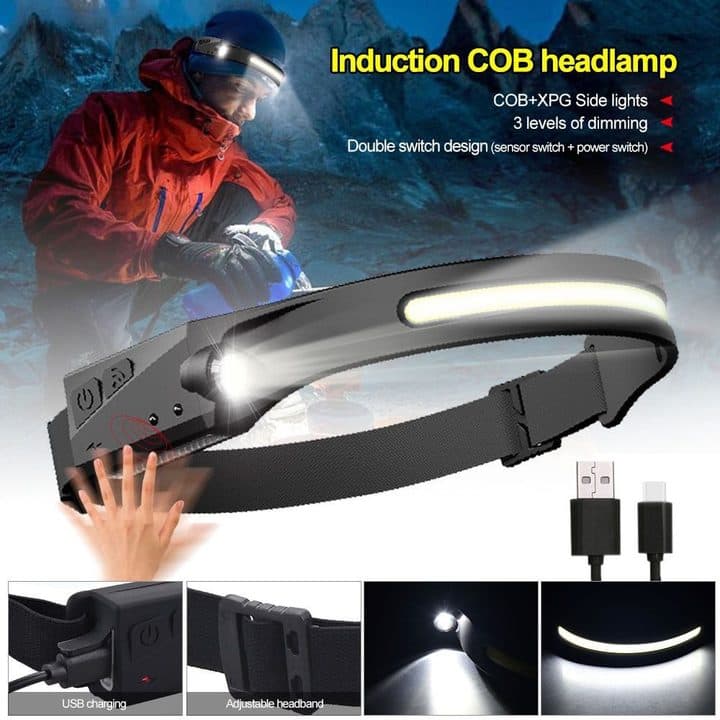 Hiker in a red jacket wearing the headlamp, with a hand waving under the sensor and text listing COB and XPG lights, three dimming levels and a double switch