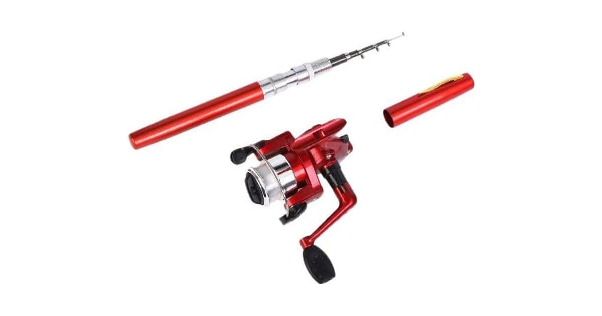 Red LikeFishing Pro pen-style fishing rod with a silver telescopic tip extended, its cap beside it and a red mini spinning reel