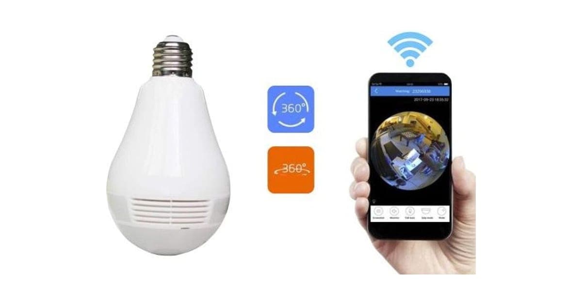 White LiveGuard Pro light bulb camera with a screw base, 360 degree icons and a phone showing a fisheye view of a room