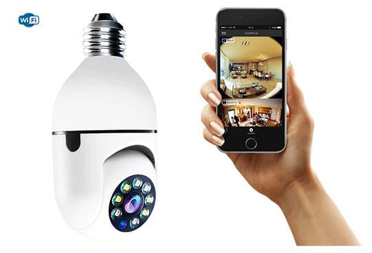 White LiveGuard360 bulb camera with a screw base and rotating lens head next to a phone app showing split views of a living room and a bedroom