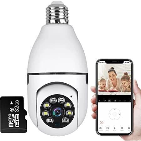 LiveGuard360 bulb camera beside a 32GB microSD card and a phone app showing a mother and two children on a sofa