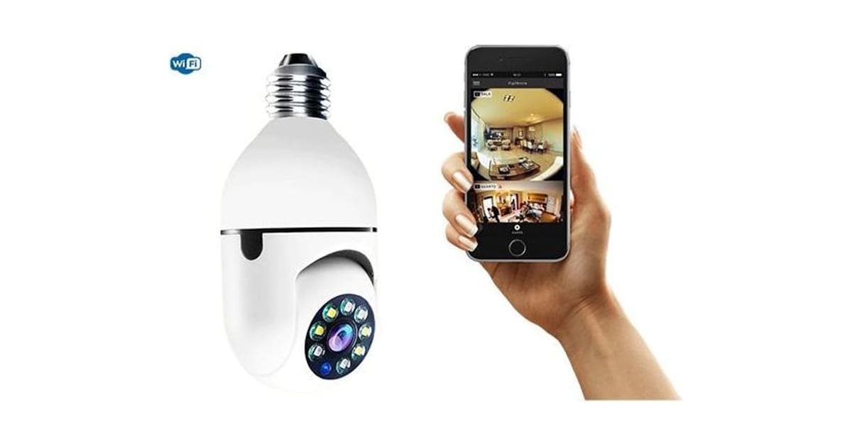 White LiveGuard360 light bulb camera with an E27 screw base, a pan-tilt lens ringed by LEDs, beside a hand holding a phone showing two room views