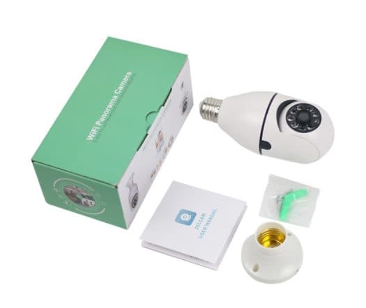 LiveGuard360 kit laid out with a green WiFi Panorama Camera box, the bulb camera, a user manual, a screw packet and a white surface-mount lamp holder
