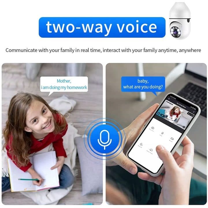 Two-way voice graphic for LiveGuard360 showing a girl doing homework with a speech bubble and a parent talking to her through the phone app