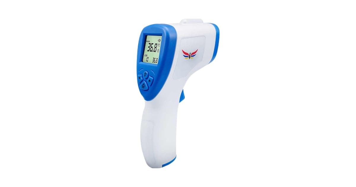 White and blue LiveTemp Pro handheld infrared thermometer with a green-lit screen reading 36.8 degrees