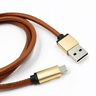 Brown leather-wrapped USB-A to micro-USB cable offered as the Louis Blanc Smart-Wallet charging cable add-on